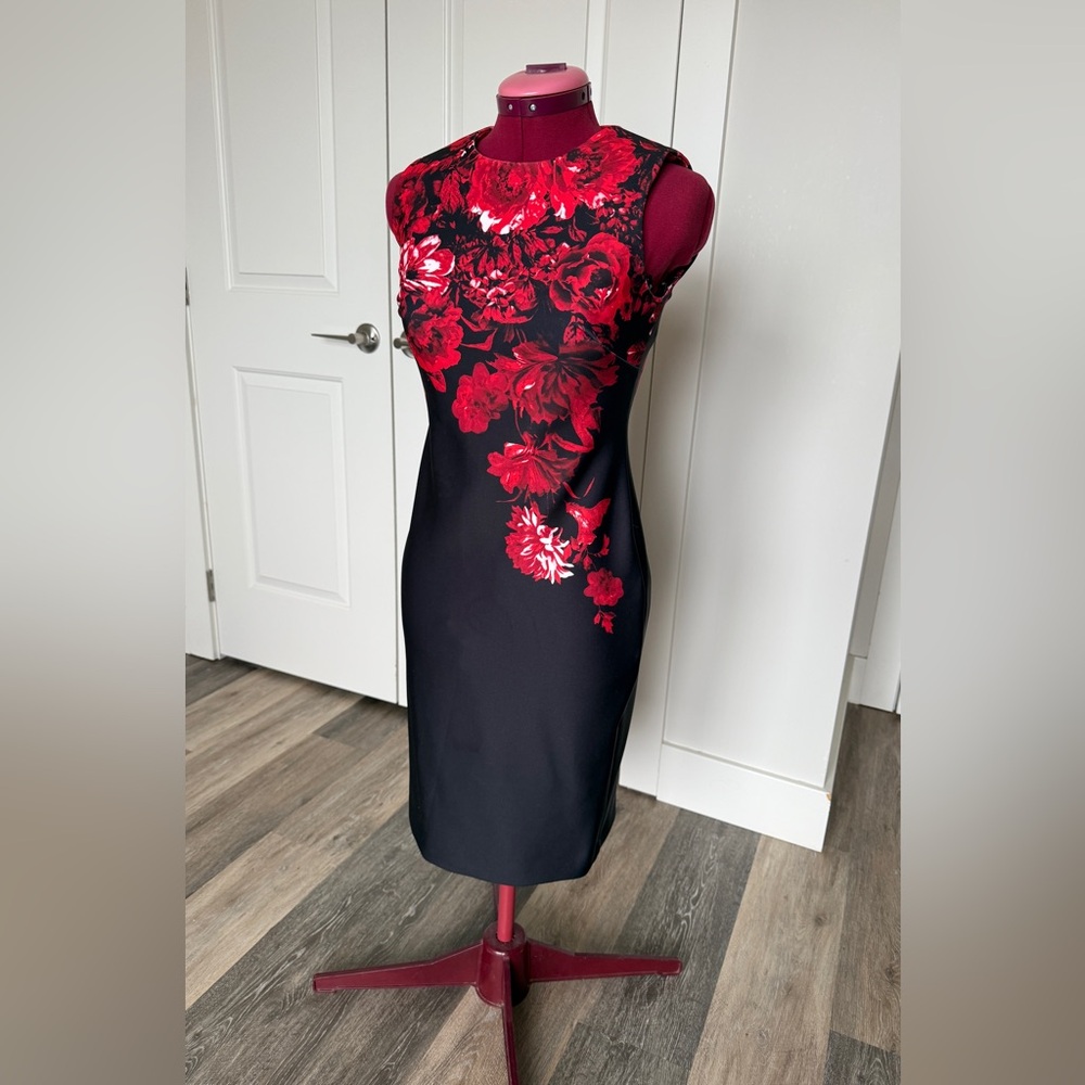 Calvin Klein Border Print Sheath Dress Black and Red Floral